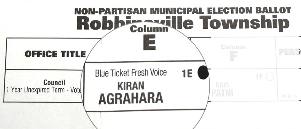 Robbinsville Township non-partisan municipal ballot. Column E, line 1E is filled for Kiran Agrahara under the slogan Blue Ticket Fresh Voice, for Council, 1 Year Unexpired Term.