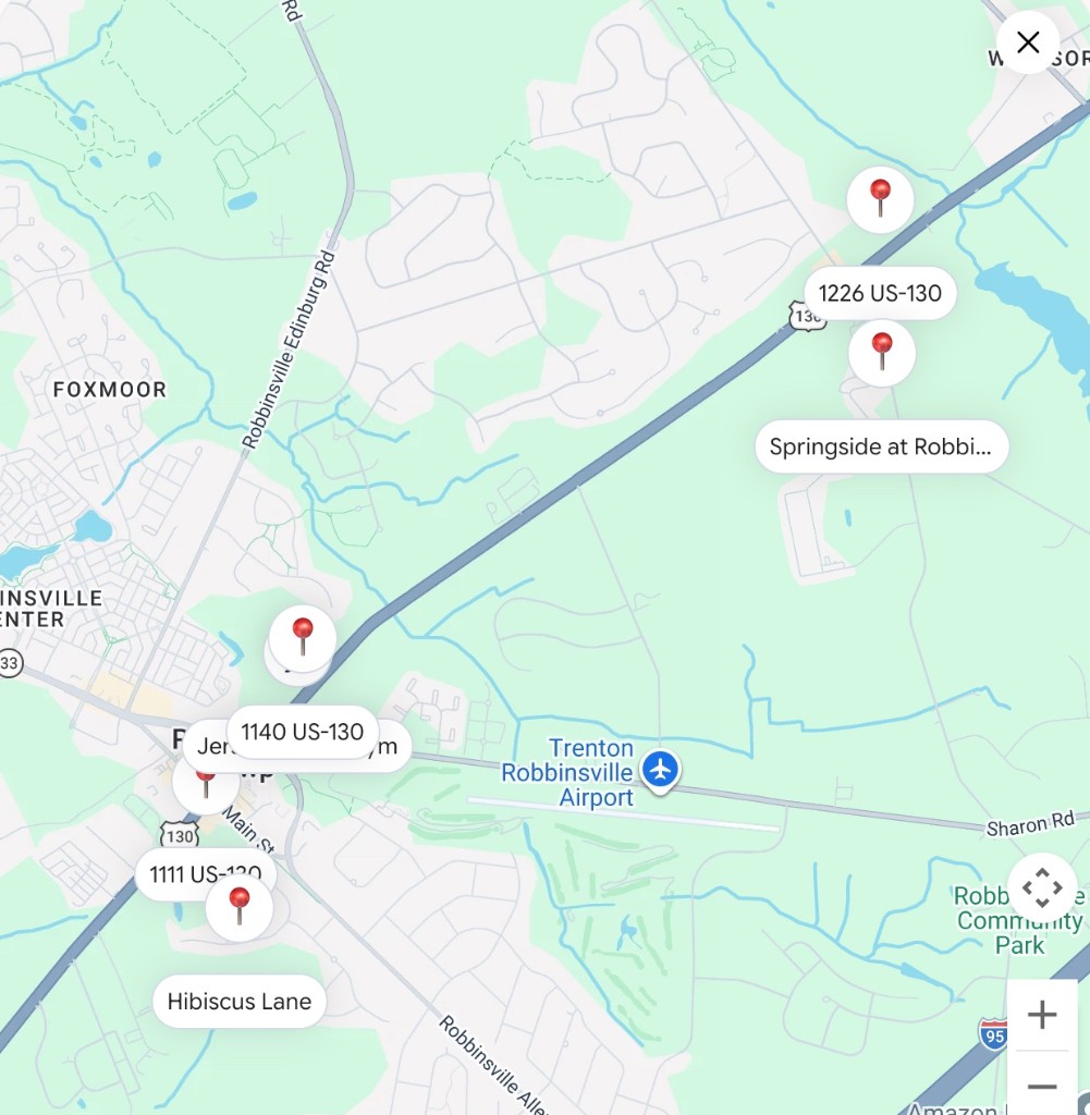 Map of Robbinsville along US-130 with pins at 1111 US-130, 1140 US-130, 1226 US-130, and Springside.