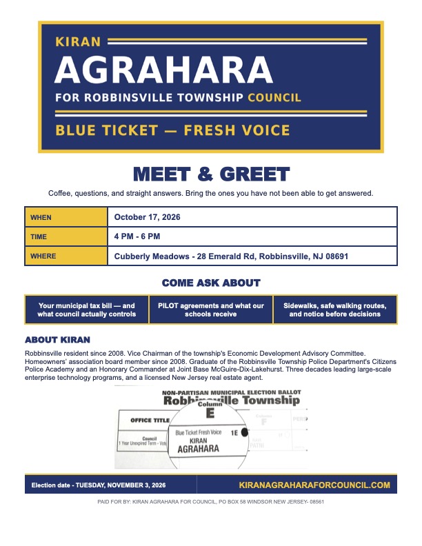 Meet and greet flyer. Saturday, October 17, 2026, 4:00 to 6:00 p.m. at Cubberly Meadows, 28 Emerald Rd, Robbinsville, NJ 08691.