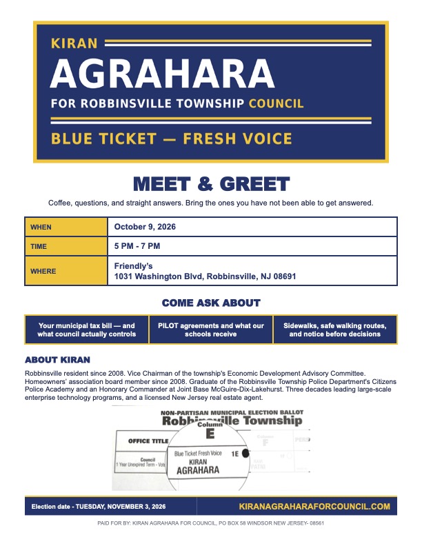 Meet and greet flyer. Friday, October 9, 2026, 5:00 to 7:00 p.m. at Friendly's, 1031 Washington Blvd, Robbinsville, NJ 08691.
